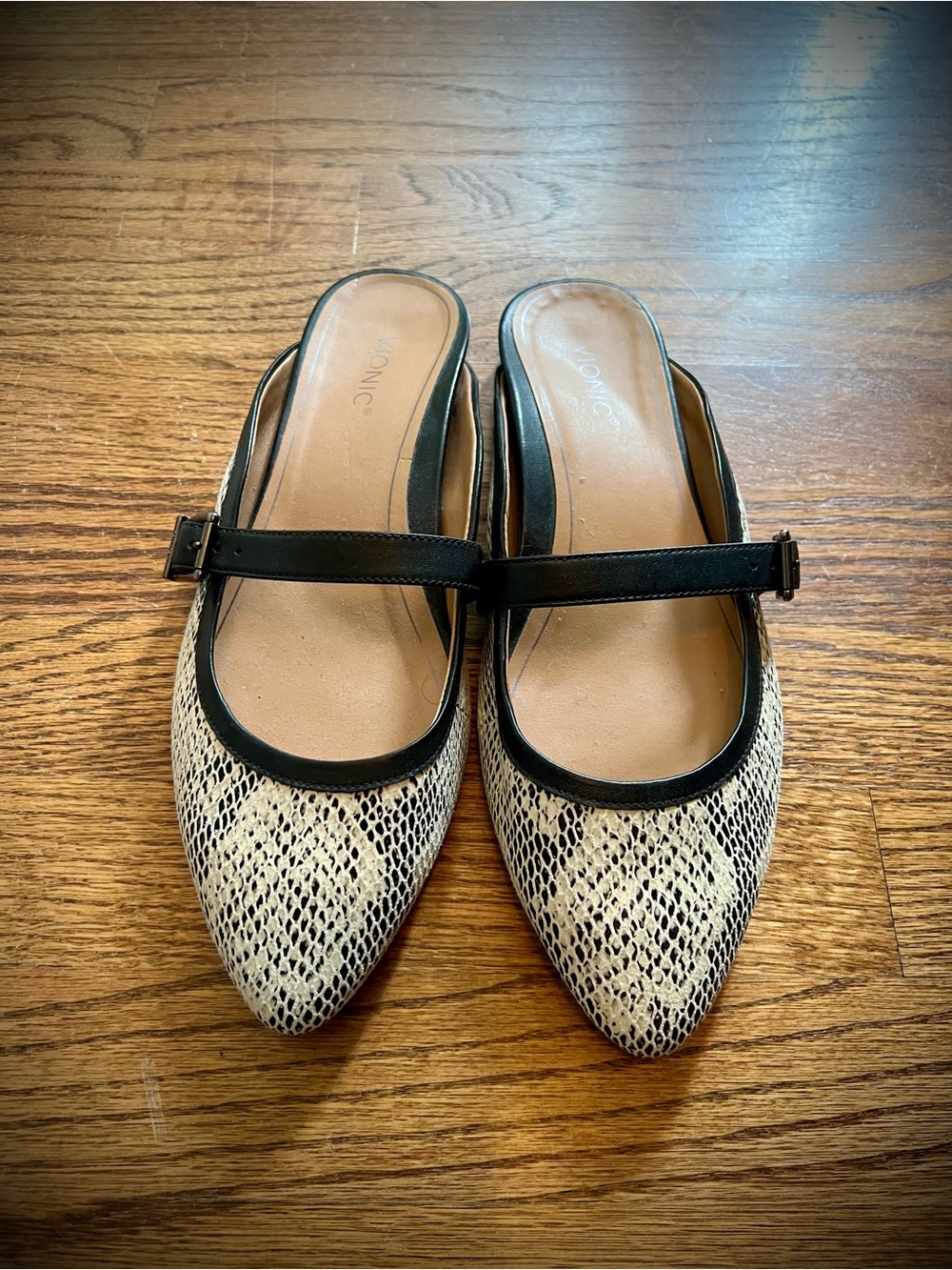 Vionic Pointed-Toe Snake-Print Mary Jane Flats in Beige and Black